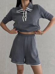 LIZAKOSHT - European and American 2024 Summer New Style Lapel Short Sleeve Simple Solid Color Loose Shorts Woolen Suit Female Leisure Two-piece Suit