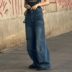 2000s fashion Patchwork Blue Wash Baggy Cargo Jeans