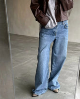 2000s fashion Washed Split Jeans for Women Autumn and Winter New American Retro Slimming Loose High Waist Straight Trousers