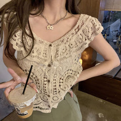 LIZAKOSHT - Women's Rhinestone Decor Hollow Out Button Front Ruffle Hem Cardigan, Boho Butterfly Sleeve Round Neck Knitwear for Summer, Fashion Women's Knit Clothing for Daily Wear