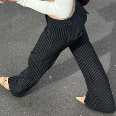 LIZAKOSHT - American Street Style Striped Contrast Color Flared Casual Pants Women's Low Waist Slim Straight Woven Trousers