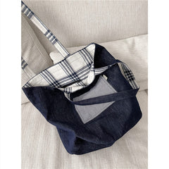 Retro Denim Plaid Stitching Double-Sided Back Tote Shoulder Bag Korean Simple College All-Match Homemade Autumn and Winter New