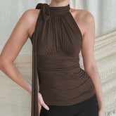 LIZAKOSHT - French Elegant Solid Color One-shoulder Neck Pleated Lace-up T-shirt