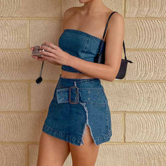 2000s fashion Summer Denim Suit New Denim Wrapped Chest Top Hot Girl Sexy Split Skirt