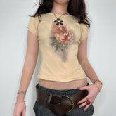 LIZAKOSHT - Women's Gradient Rose Print Short-sleeved T-shirt, Round Neck Retro Slim Fit Basic All-match Top