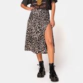 LIZAKOSHT - Flower Leopard Print High Waist Elastic Split Long A-line Skirt for Women 11 Colors 4 Sizes