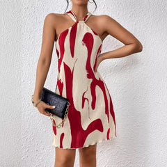 LIZAKOSHT - Women's Abstract Print Halter Ribbed Dress, Fashion Sleeveless Short Dress, Ladies Dresses for Summer