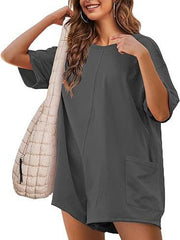 LIZAKOSHT - Faleave Rompers for Women Casual Short Sleeve Oversized Athletic Jumpsuits Workout Reversible Hot Shot Tee Romper Overalls