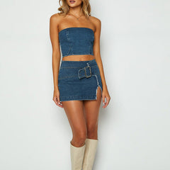 2000s fashion Summer Denim Suit New Denim Wrapped Chest Top Hot Girl Sexy Split Skirt