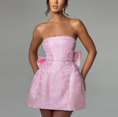 LIZAKOSHT - Women's Floral Jacquard Big Bow Tube Dress, Elegant Strapless Lace Up Dress, Ladies Clothes for Party Wedding Guest