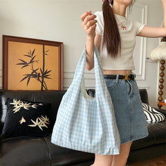 Summer New Preppy Style Bubble Plaid Canvas Bag Small Fresh Shoulder Large Capacity Casual Vest Bag