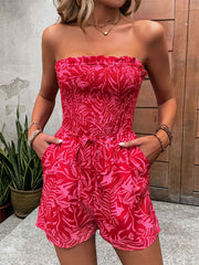 LIZAKOSHT - Women's Floral Print Frill Trim Shirred Tube Romper, Boho Knot Detail Pocket Sleeveless Romper For Summer, Fashion Women's Clothes For Beach Holiday Vacation