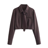 y2k Urban Commuter Elegant Tie Shirt Fashionable Striped Contrast Color Cardigan Elegant Lapel Short Single-Breasted Cardigan