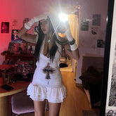 LIZAKOSHT - Women's Cross Print Ruffle Hem Twist Tie Back Hooded Dress, Ruched Backless A Line Short Dress for Summer, Ladies Clothes for Party Holiday Vacation