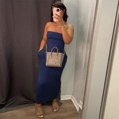 LIZAKOSHT - Women's Solid Pocket Bodycon Dress without Bag, Fashion Casual Sleeveless Long Dress for Daily Outdoor Wear, Ladies Dress for Summer