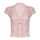 LIZAKOSHT - Sweet Girl Lace Patchwork Top Lace-up Cardigan Slim Fit V-Neck Navel-Exposed Short Sleeve T-Shirt