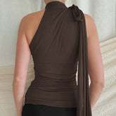LIZAKOSHT - French Elegant Solid Color One-shoulder Neck Pleated Lace-up T-shirt