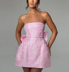 LIZAKOSHT - Women's Floral Jacquard Big Bow Tube Dress, Elegant Strapless Lace Up Dress, Ladies Clothes for Party Wedding Guest