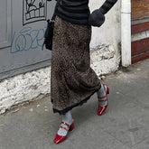 American Retro Leopard Print Stitching Lace Skirt Autumn New Fashionable Fashionable Western Style High Waist Slimming Midi Skirt for Women