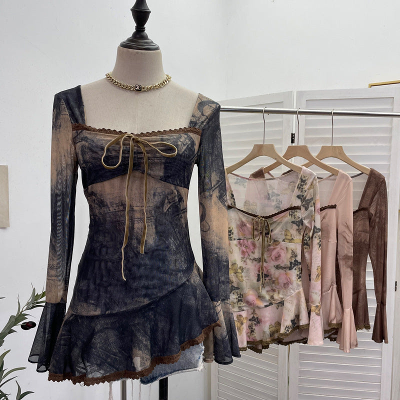 2000s fashion Spring and Summer New French Square Collar Lace-up Blooming Flared Long-Sleeved Top Lace Edge Design T-shirt