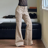 American Style Retro Pocket Low Waist Denim Flared Pants Hot Girl Personality Casual All-Match Loose Slimming Trousers