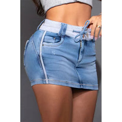 LIZAKOSHT - Chicme Contrast Binding Ripped Drawstring Denim Skorts