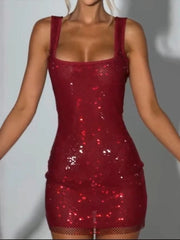 LIZAKOSHT - Shiny Thread Dress Women Christmas Sexy Square Collar Sleeveless Patchwork Wild Hottie Party Club Peach Hip Bodycon