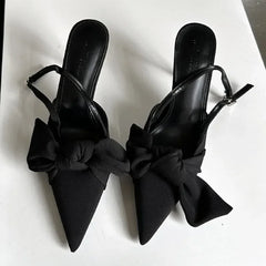 LIZAKOSHT - High Quality Fiber Suede Pointed Toe High Heels Women Summer Sexy Back Trip Strap Buckle Design Heeled Sandals Elegant Bow Mules