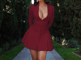 LIZAKOSHT - New Solid Color Sexy Deep V Suit Collar Cardigan, Imperial Style Short Ruffle Edge Dress for Women