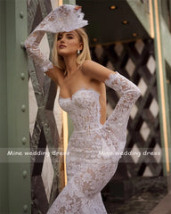 Sweetheart 3/4 Flare Sleeves Mermaid Lace Weddding Dresses Backless See Through And Zipper Bridal Gowns