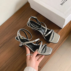 LIZAKOSHT - Fashion Sandals Women's New Genuine Leather Simple Slim Strap Ankle Buckle High Heels Commuter Modern Summer Open Shoes