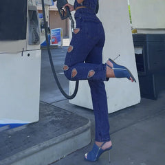 LIZAKOSHT - Y2K Heart-shaped High-waist Straight-leg Cut-out Ripped Jeans Women's Korean Slim-fit Trousers Casual Pants Summer Streetwear