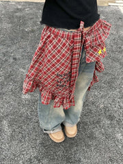 LIZAKOSHT - Y2k Aesthetic Plaid Irregular Ruffled Skirts Vintage Women Streetwear Letter Print Faldas Harajuku Grunge Casual Bandage Skirt