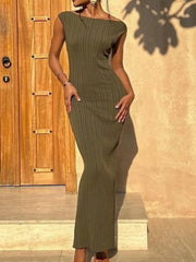 LIZAKOSHT - Knitted Pit Stripe Dress Women Solid Color O Neck Sleeveless Dress Ladies Elegant Fashion Casual High Waist Silm Long Dresses