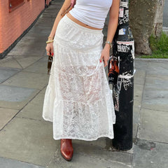 LIZAKOSHT - Y2K Fairy Coquette Women Lace Skirt Elegant High Waist Flowy Swing Skirt Summer Long Sheer Skirt for Casual Daily
