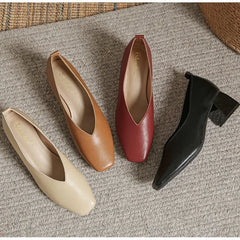 LIZAKOSHT - Women's Genuine Leather Shoes Soft Bottom Slip-On High Heels Spring Summer Season Square Head Versatile Mid Heel Casual Shoes
