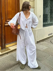 LIZAKOSHT - 2 Pcs Loungewear Women Outfits Long Sleeve Cardigan Wide Leg Pants Set Loose Summer Beach Set Casual Home Suit Sleepwear