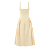 LIZAKOSHT - Women Yellow Sexy Elegant Tank Dress O Neck Low Waist A-line Summer Party Dresses Chic Lady Vacation Robe