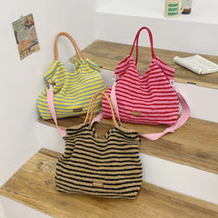 LIZAKOSHT - Striped Tote Bag For Women Cute Travel Plush Simple Shoulder Bag Fluffy Large Capacity Handbag For Winter