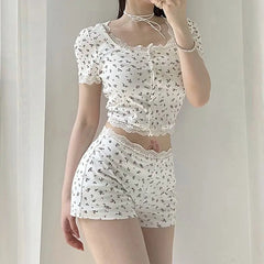 LIZAKOSHT - Suits Printed Tracksuits Women Sleepwear Regular Casual O-Neck Slim Skinny Fashion Sexy 2 Pieces Suit Sets (Tops+ Shorts)