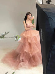 LIZAKOSHT - Sweet Pink Prom Dresses Flounce Applique Tulle Sleeveless Woman Ribbon Ball Gown Bridesmaid Plus Size Party Evening Gowns 2024