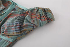 LIZAKOSHT - Women's Retro Contrast Color Pliad Short-sleeved Pure Cotton Shirts Female Summer Lace-up Slimming Single-breasted Blouse Tops