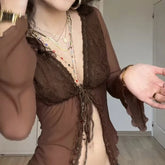LIZAKOSHT - Y2K Lace Patchwork Mesh Long Sleeve Cardigan Tie Up Sexy Brown See Through Smock Top Vintage Stylish Streetwear 90s