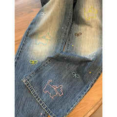 LIZAKOSHT - High Street Vintage Baggy Denim Pants Y2k Embroidered Straight Jeans Wide Leg Trousers Casual High Waist Button Pants For Women