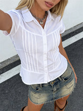 LIZAKOSHT - Women's Summer Shirt Solid Color Short Sleeve Lapel Button Down Pleated Slim Fit Tops