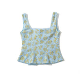 LIZAKOSHT - Vintage Blue Floral Print Summer Tank Top Women Front Button Bow Square Neck Sleeveless Crop Top