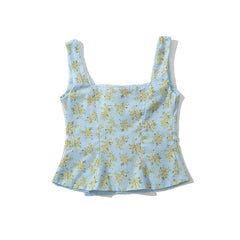 LIZAKOSHT - Vintage Blue Floral Print Summer Tank Top Women Front Button Bow Square Neck Sleeveless Crop Top