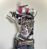 LIZAKOSHT - White T Shirts Women Summer Stars Leopard Print Patchwork Short Sleeve Top Y2k 2000s Sweet Cool Punk Subculture Tees