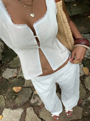 LIZAKOSHT - Hollow-Out Embroidered Textured White Women's Suit Trousers