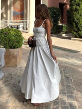 LIZAKOSHT - New 2026 Summer White Ruched Long Dresses Women's Spaghetti Strap Cotton Slim Fitted Waist Dress